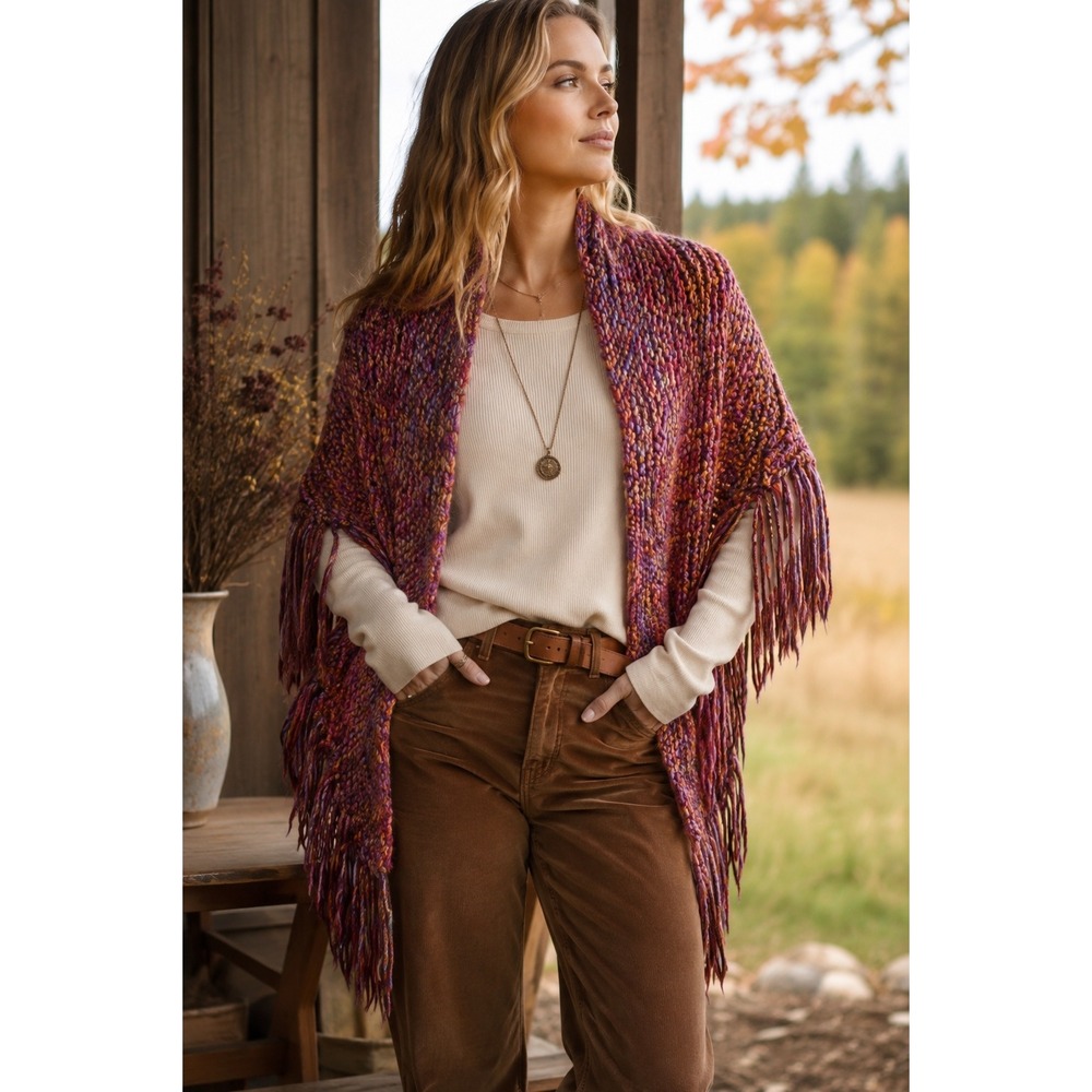 Hand Knit Triangle Fringe Shawl Wrap Multi Color Boho One Size